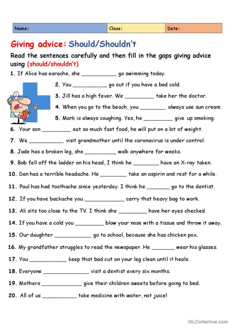 Giving Advice: Should/Shouldn't : English ESL worksheets pdf & doc Giving Advice: Should/Shouldn'T : English Esl Worksheets Pdf & Doc